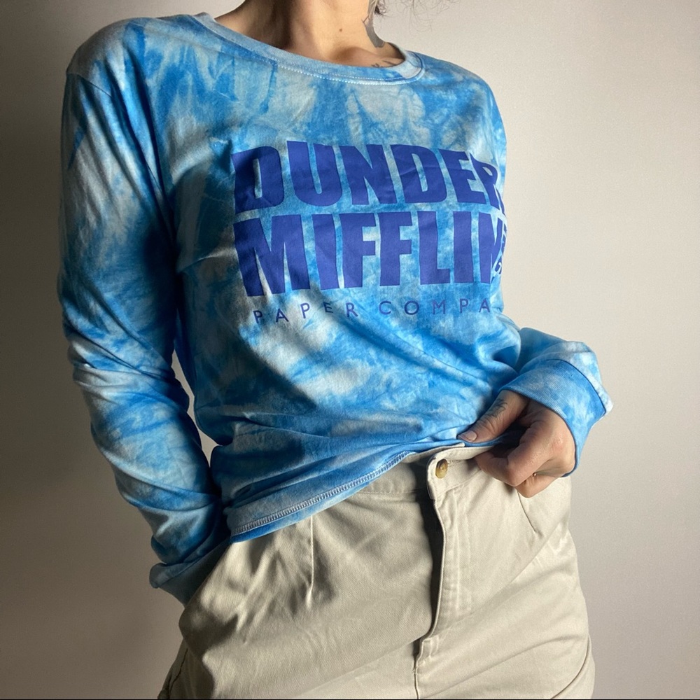 NWOT The Office Dundler Mifflin Tie Dye Blue Long Sleeve Tshirt Womens Large